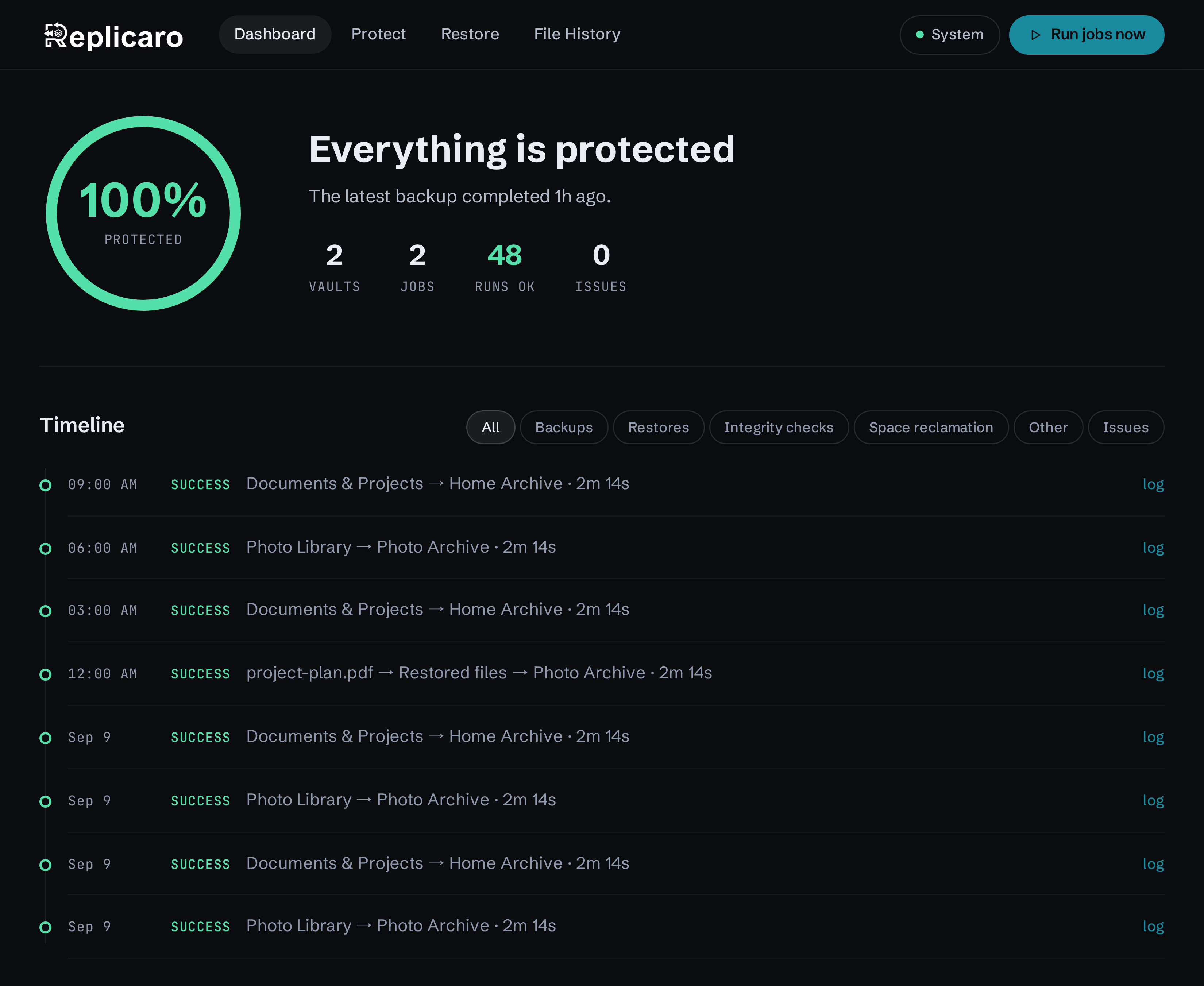 Replicaro Dashboard with a sample backup summary and activity timeline.