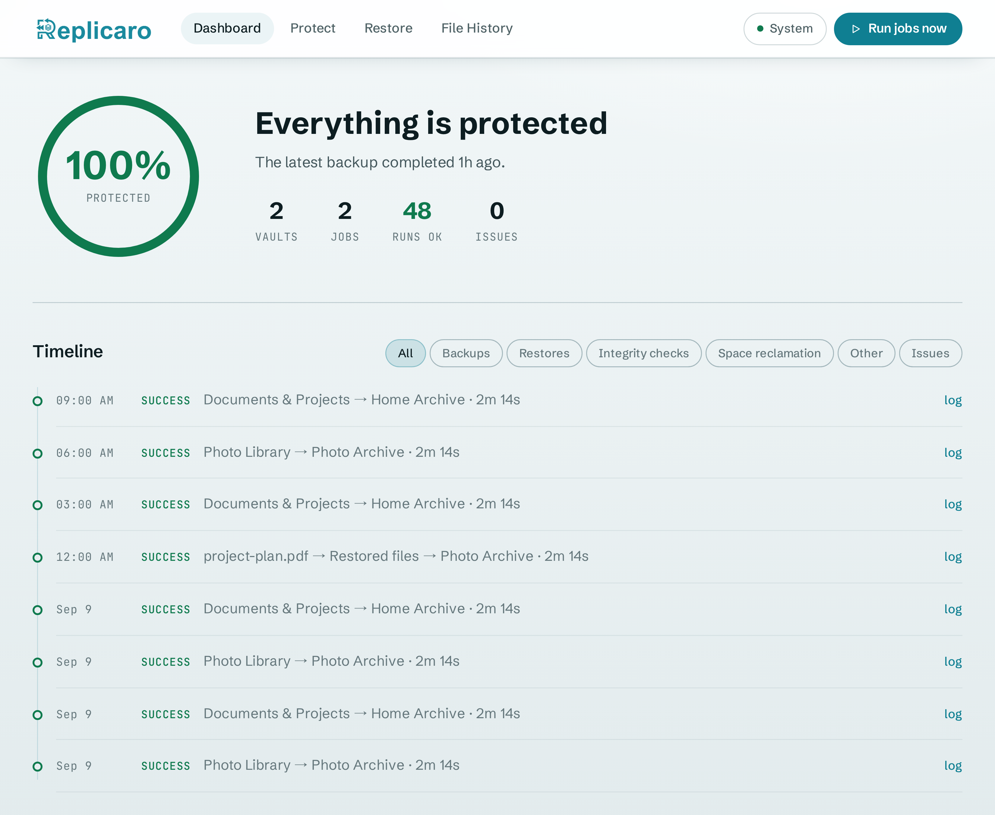 Replicaro dashboard using the Light theme with sample backup activity.