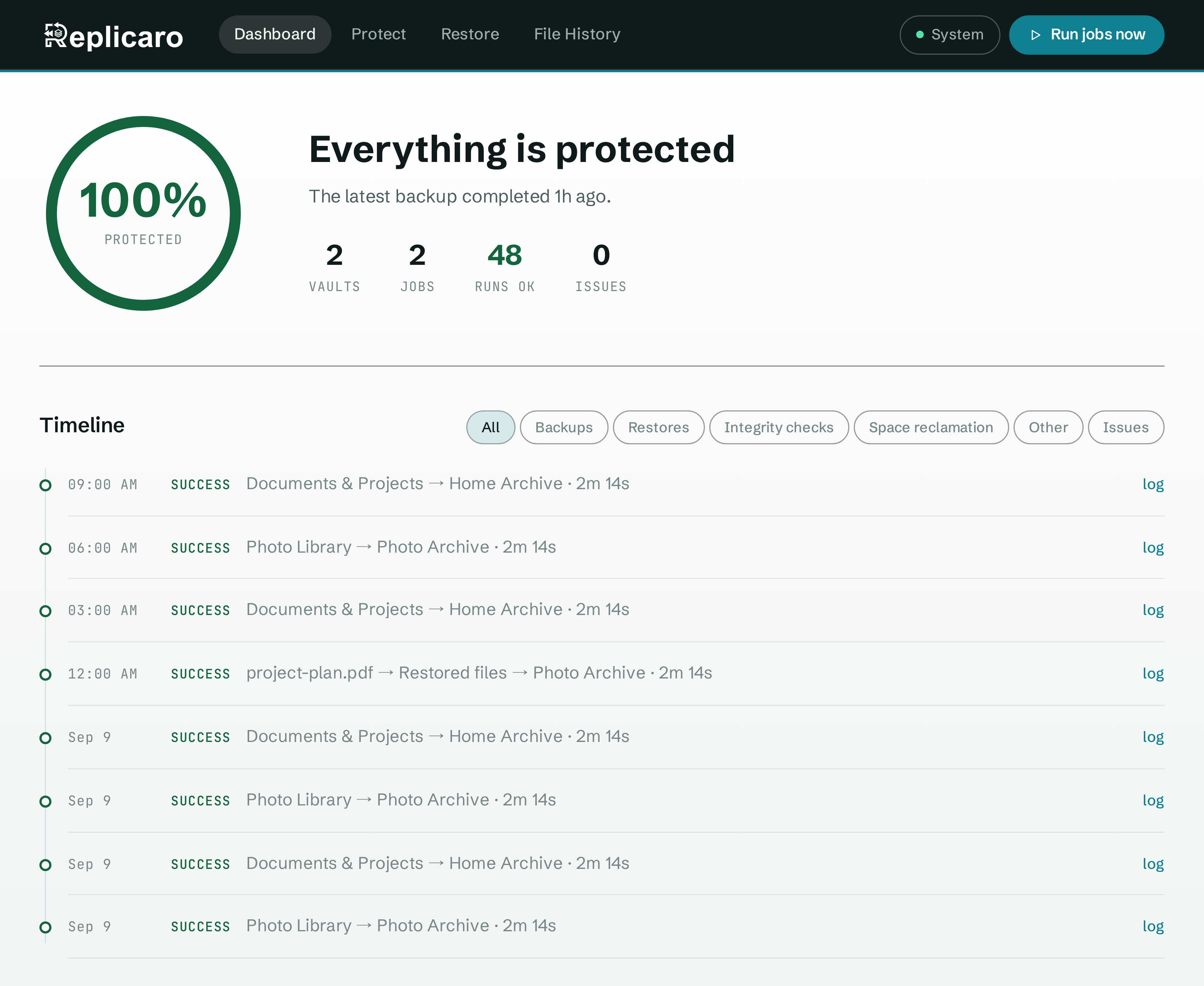 Replicaro dashboard using the Neutral theme with sample backup activity.