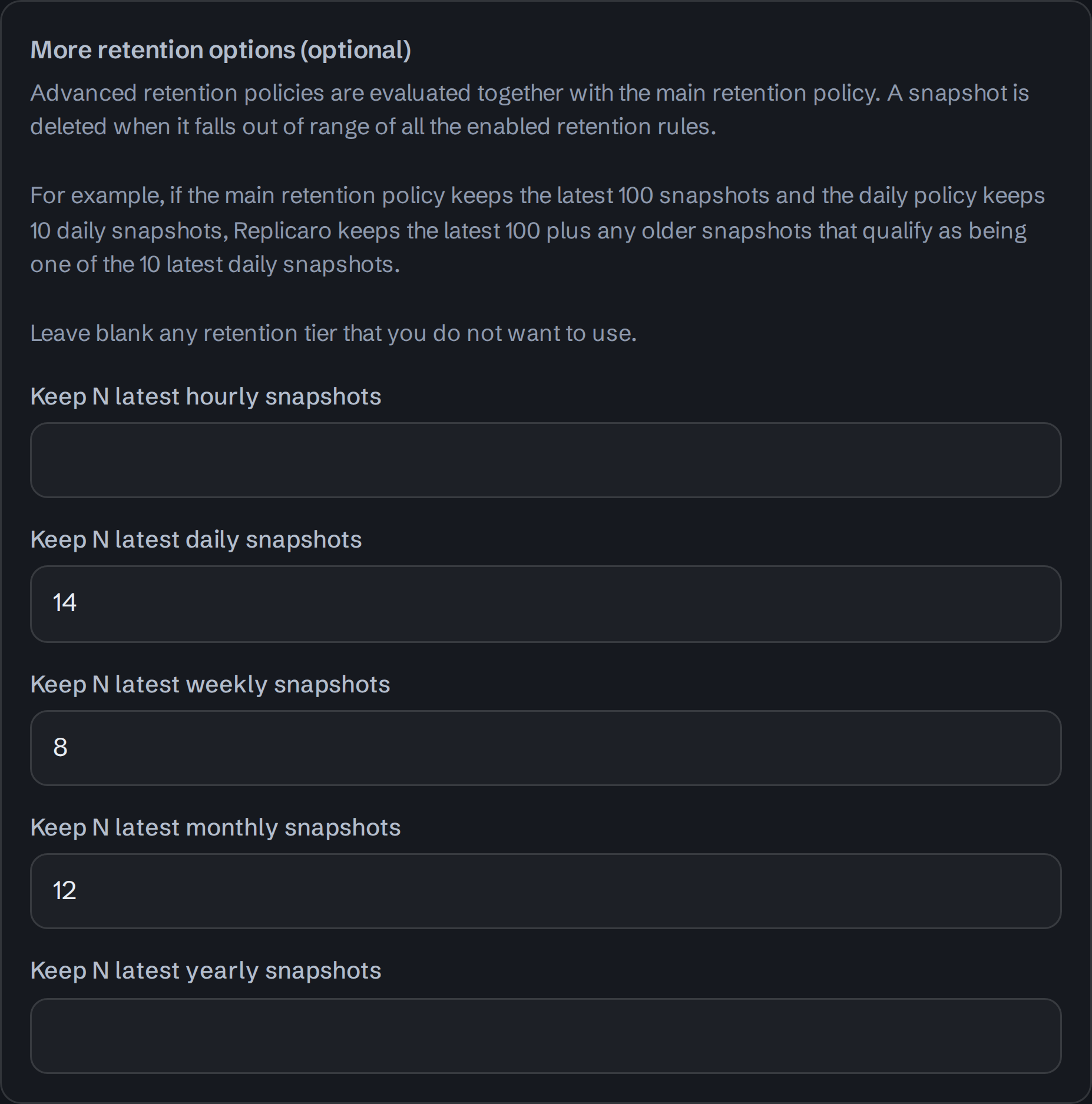 Advanced backup retention controls with daily, weekly, monthly, hourly, and yearly tiers.