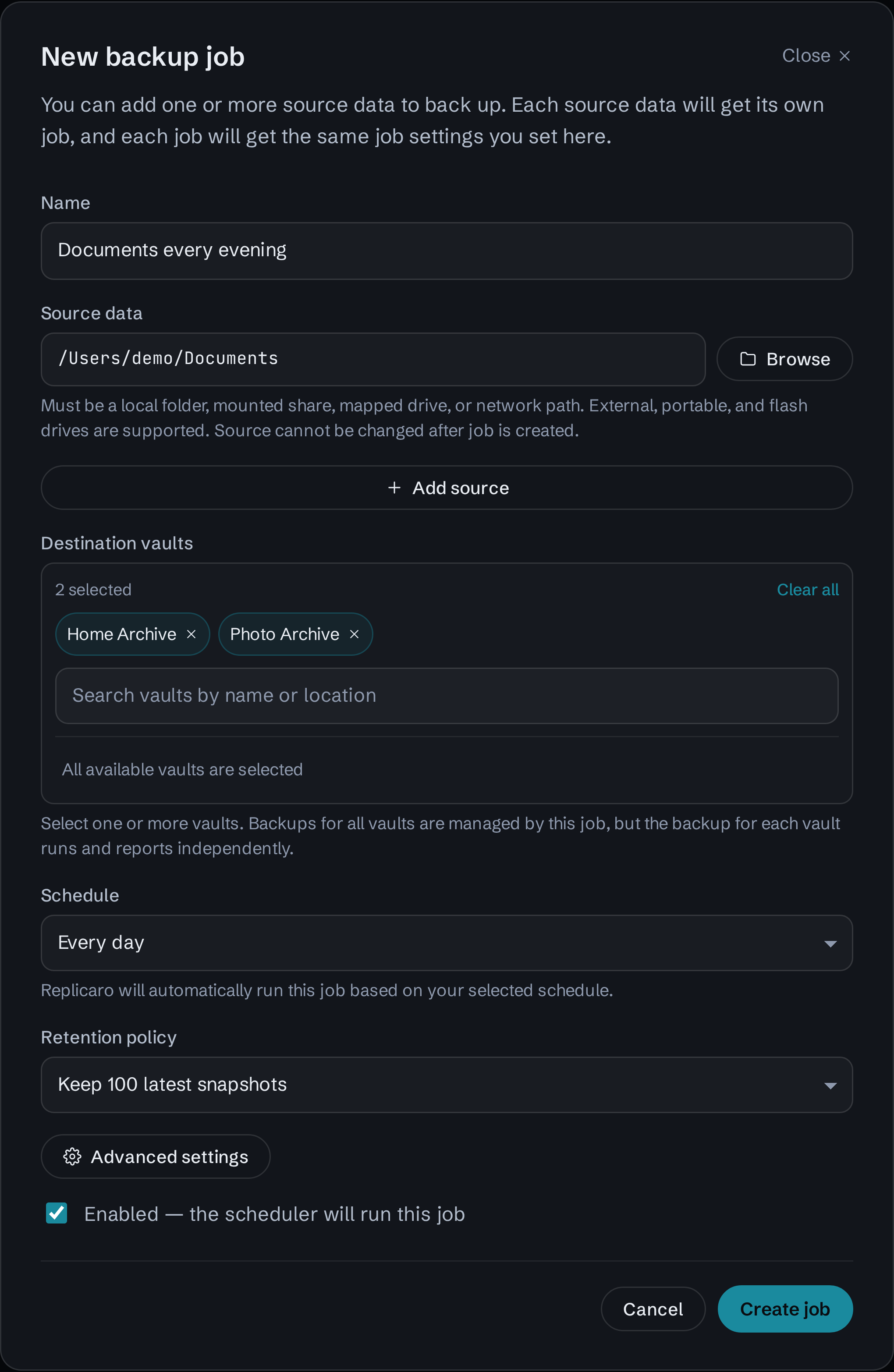 New backup job dialog with a Documents source, two selected destination vaults, a daily schedule, and a keep-latest policy.