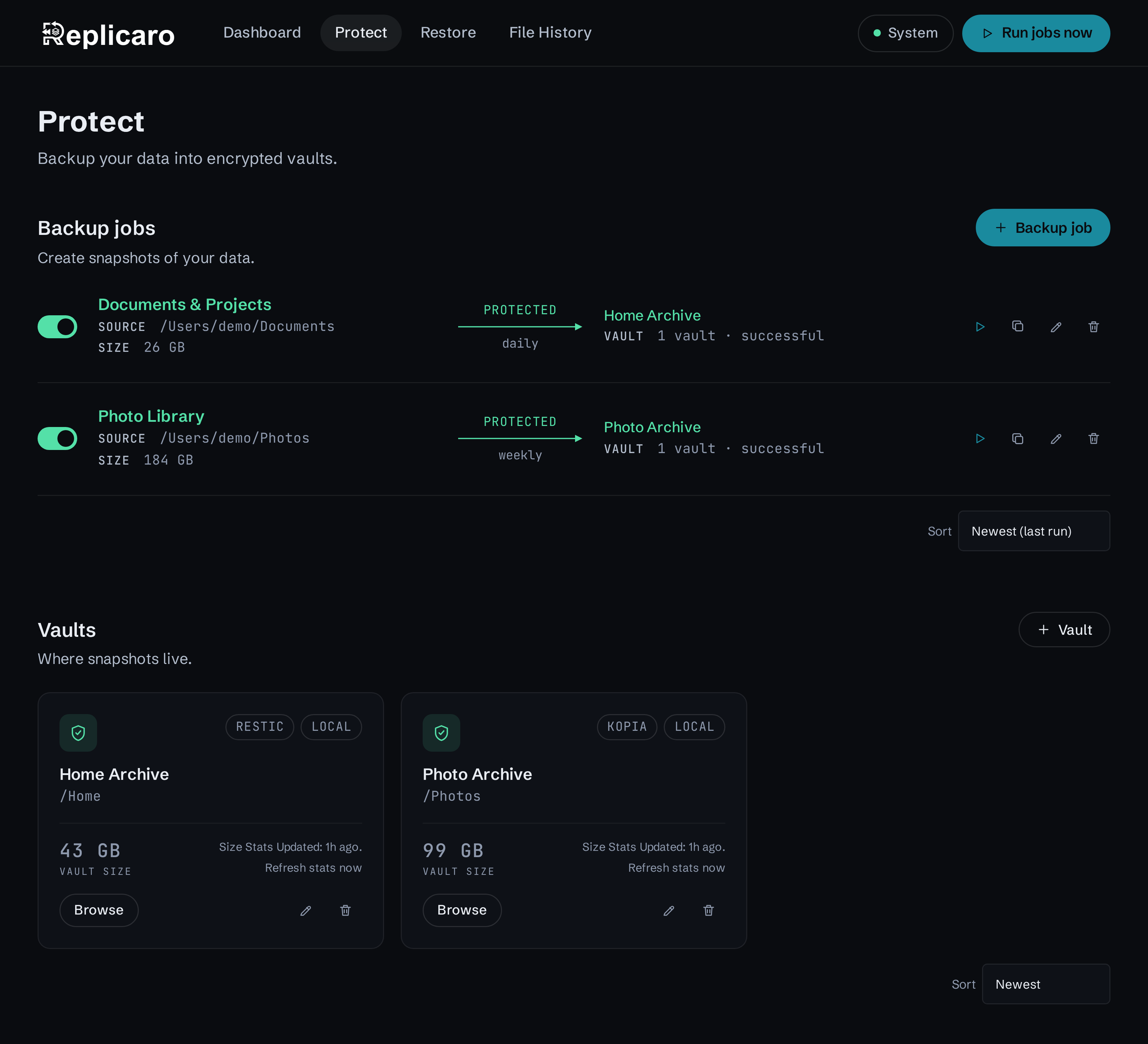 Protect page displaying sample backup jobs and their destination vaults, sizes, and statuses.