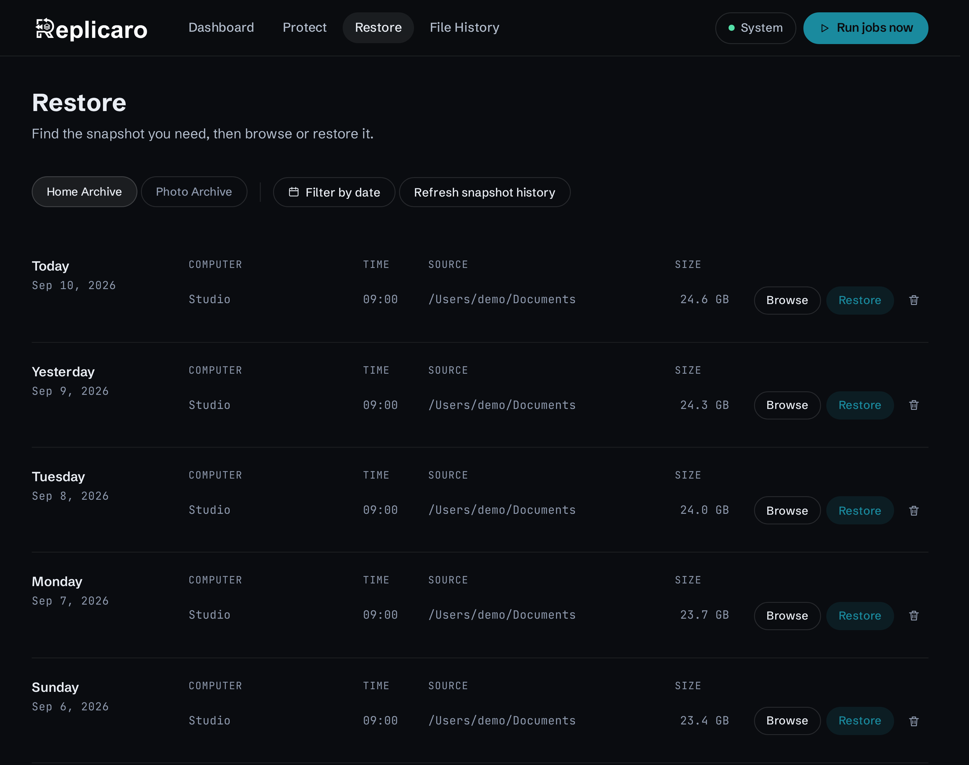 Restore page listing dated snapshots in a sample vault, with browse and restore controls.