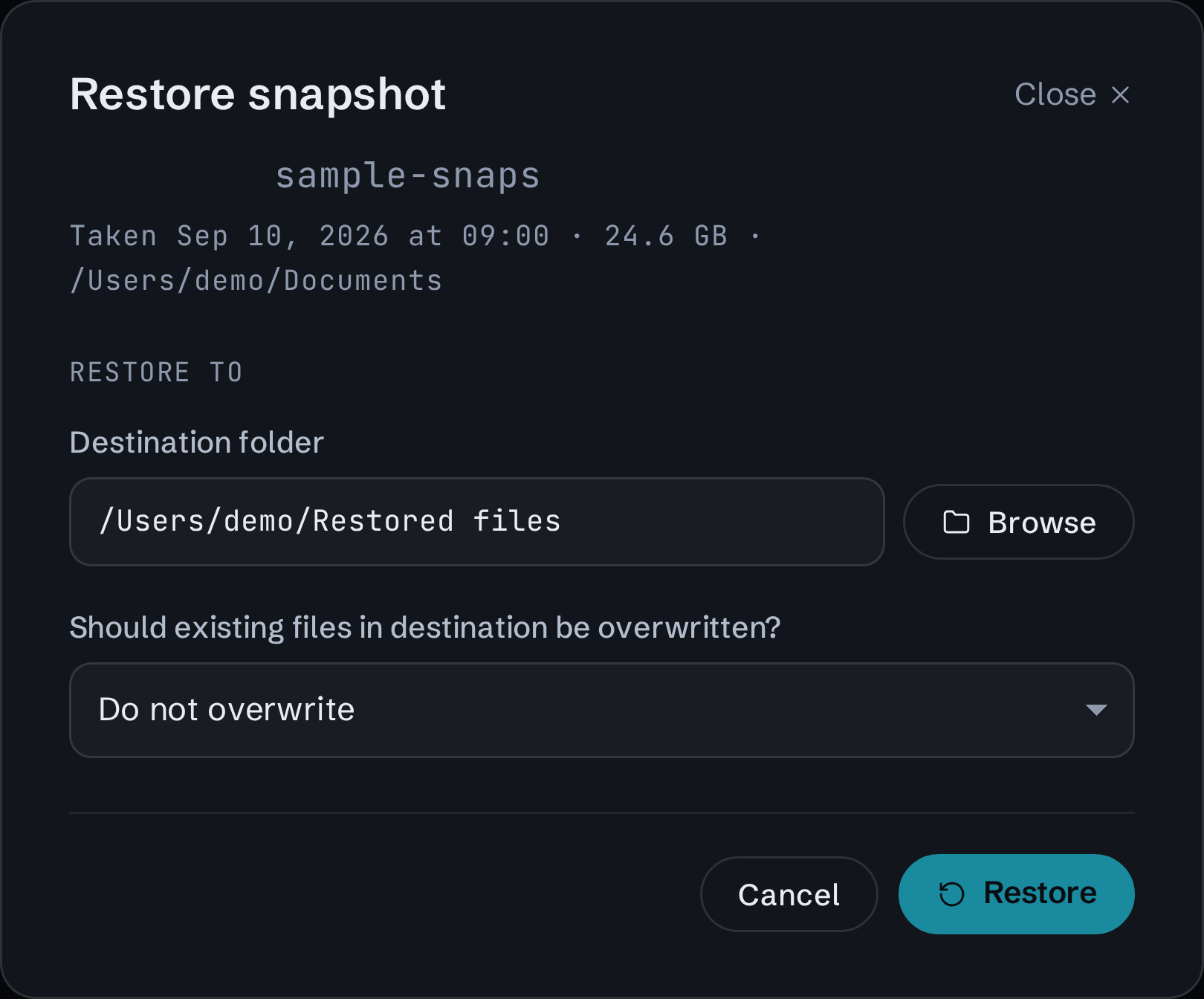 Restore dialog with a destination folder and the option not to overwrite existing files.