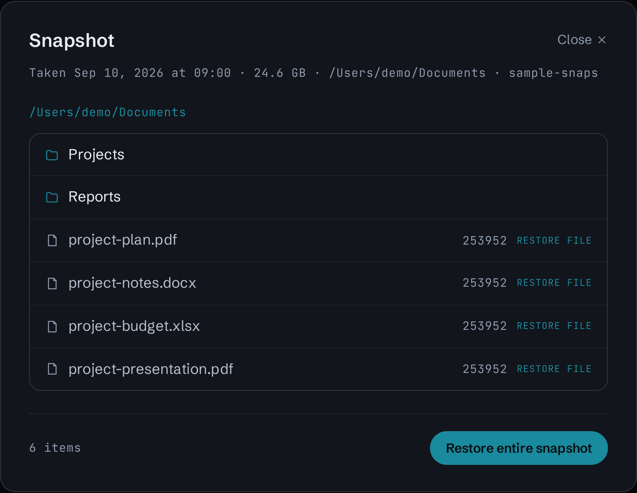Snapshot browser listing folders and individual files with Restore file controls.
